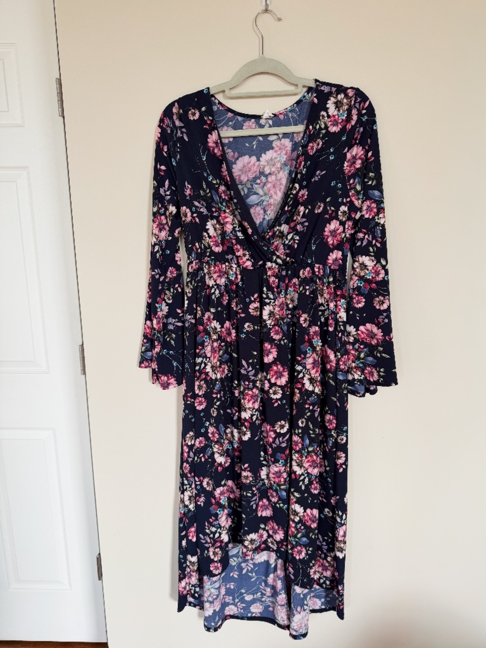 PinkBlush Navy Floral Hi-Low Bell Sleeve Maternity Wrap Dress